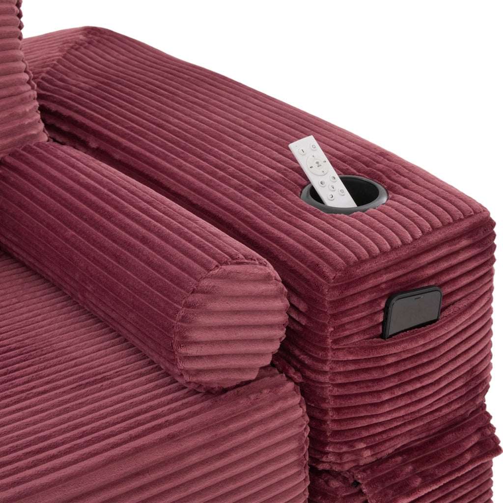 Divano convertibile con tasche laterali, portabicchieri e cuscini memory in corduroy rosso vino 232 × 98 × 80 cm