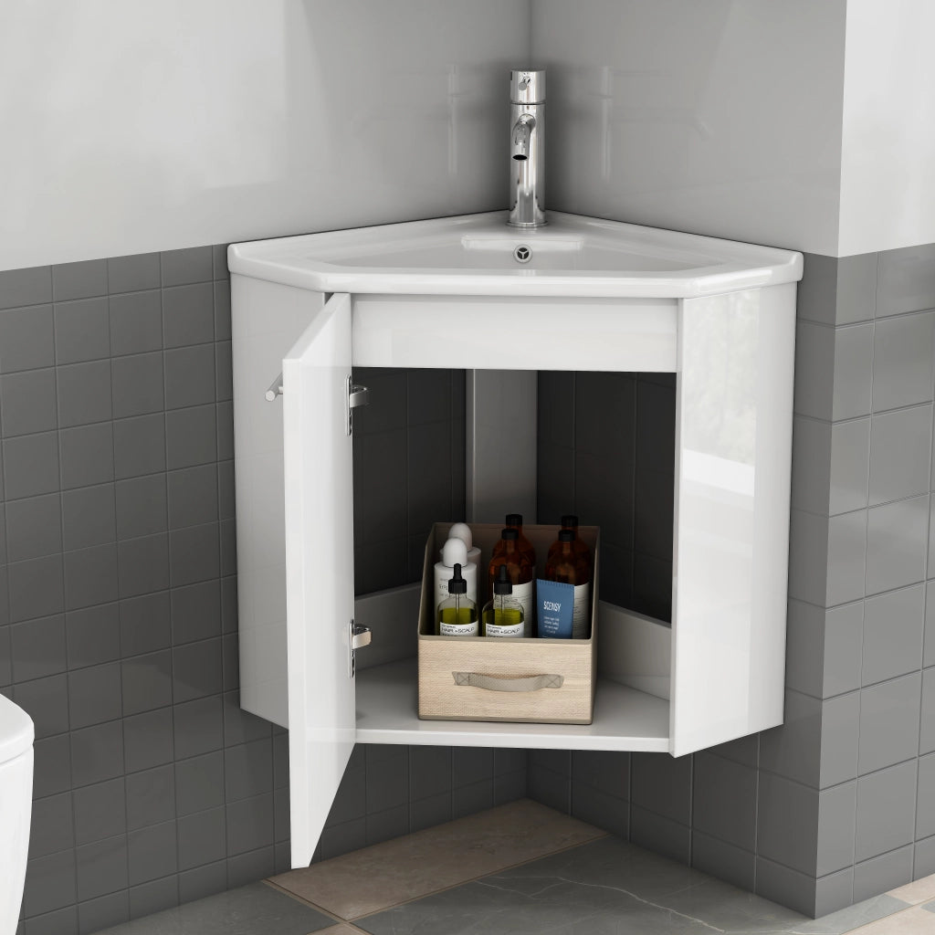 Mobile angolare da bagno con lavabo in ceramica lucida e paraspruzzi, completamente preassemblato per una facile installazione, lavabo angolare