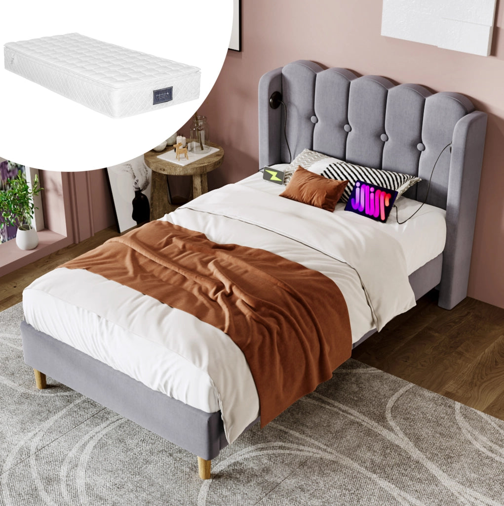 Letto imbottito singolo 90x200 cm in lino grigio con porta USB e USB-C; testiera pannellata