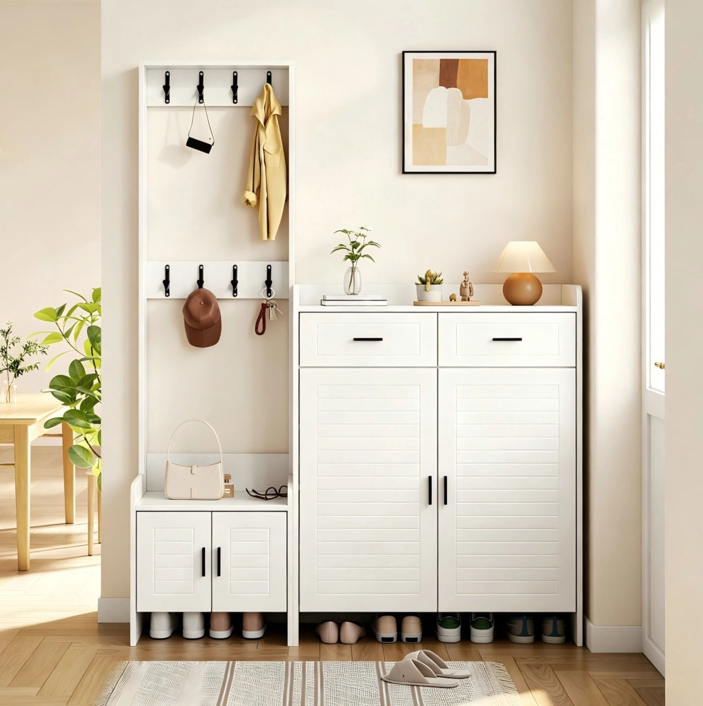 Mobile da ingresso bianco 125x32x165 cm con 2 cassetti， 8 ganci e vani