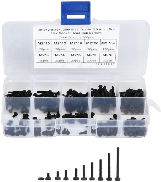 Set di viti 300 pezzi - viti M2 - viti Inbus - viti in acciaio - colore nero - componenti meccanici