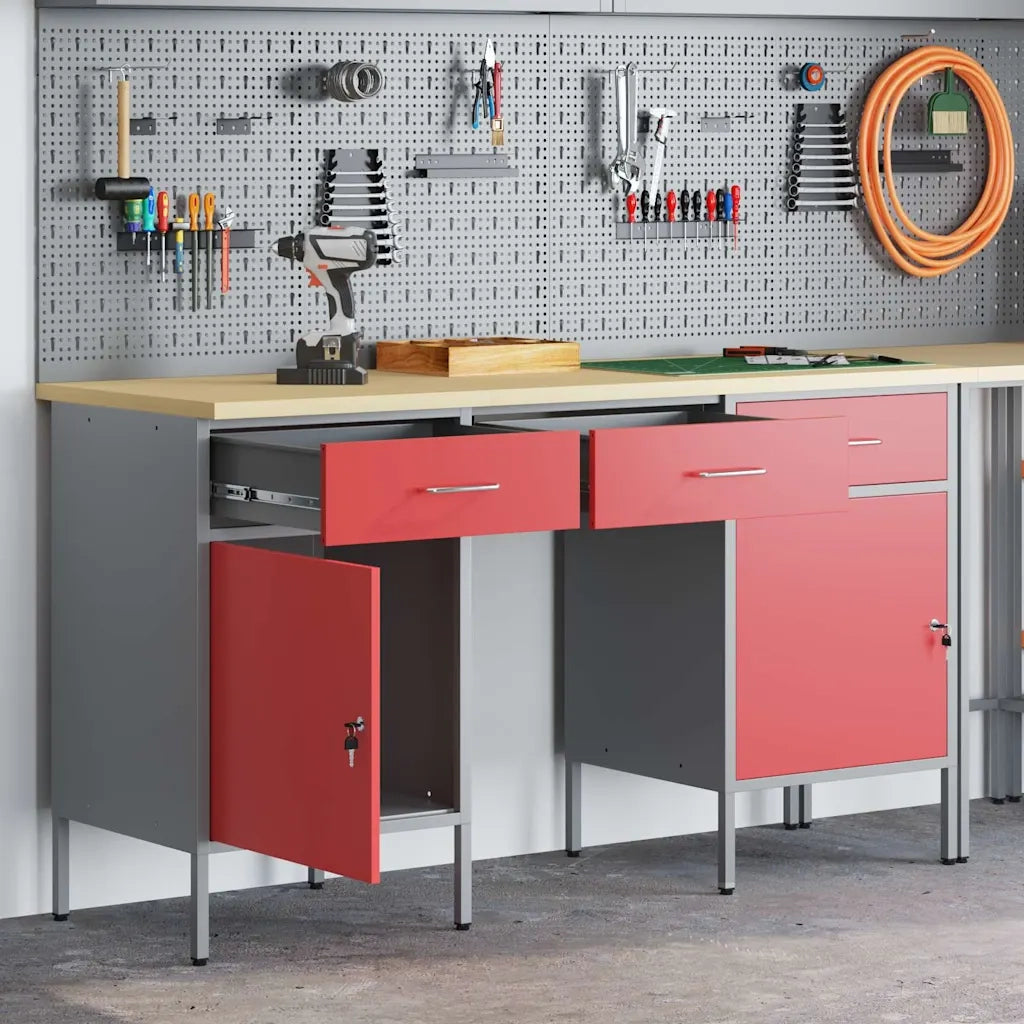Mobile da lavoro 3 pz Rosso Legno ingegnerizzato e acciaio 3321375