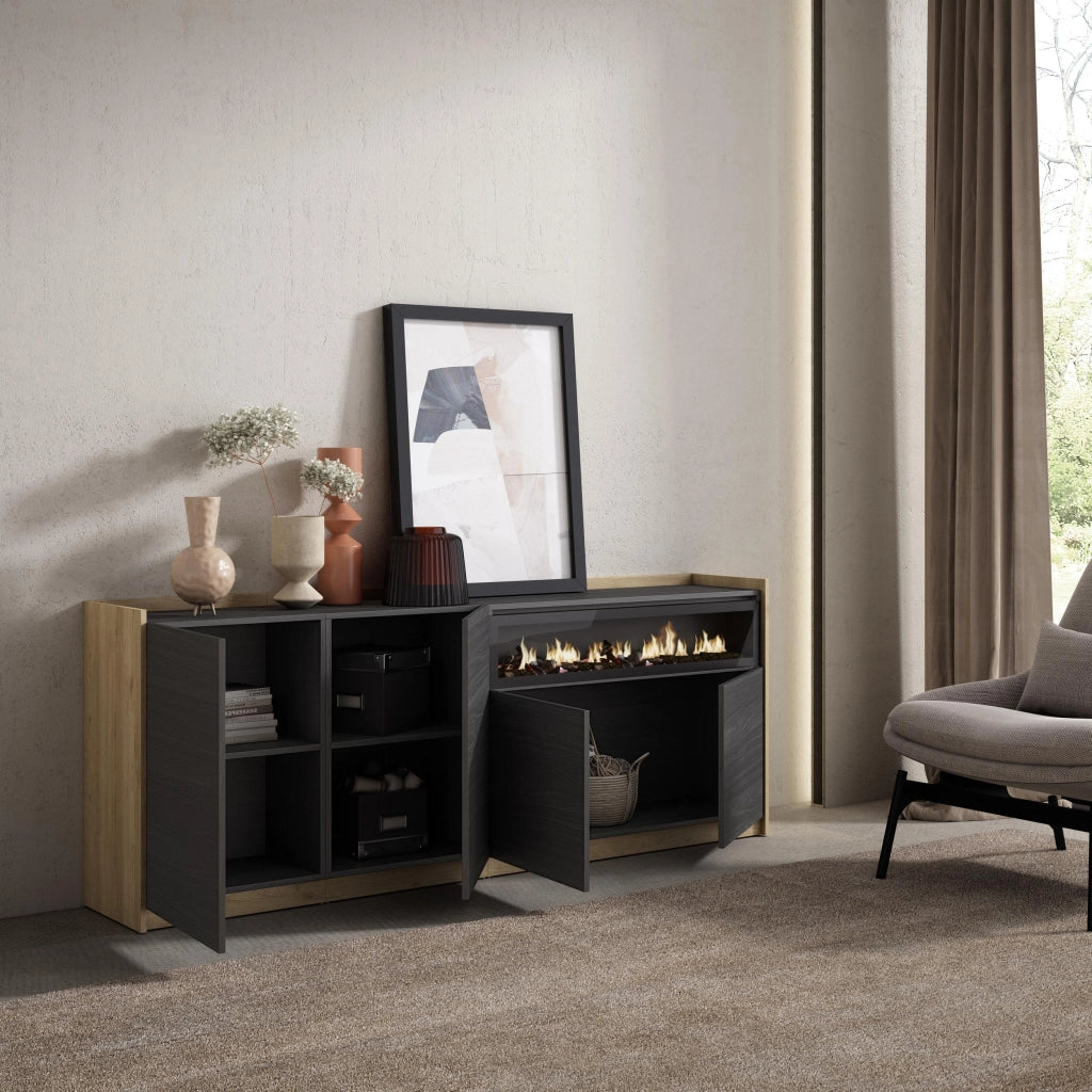 Credenza, Mobile, Cucina, 207x80x37 cm, 4 Porte, Camino elettrico, Nero e rovere