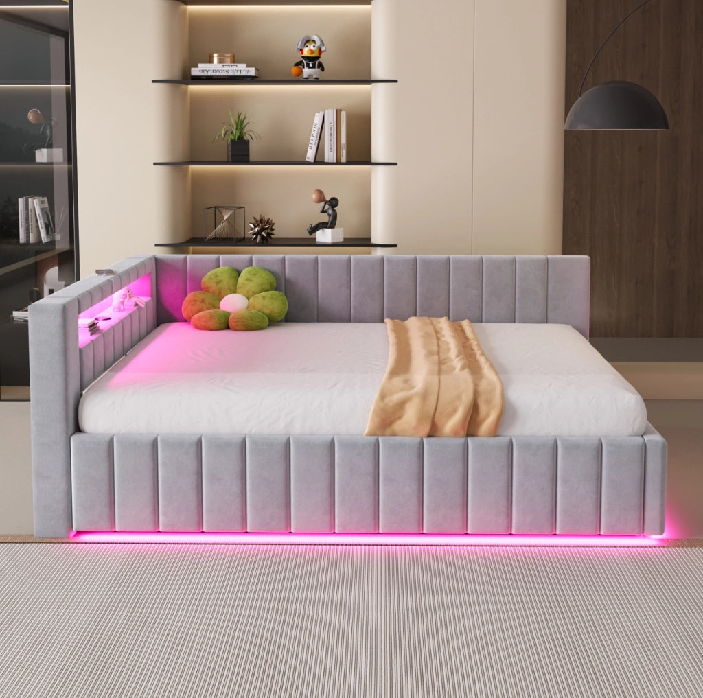 Letto imbottito ULEVR 140x200 cm con contenitore idraulico, LED e USB, velluto grigio
