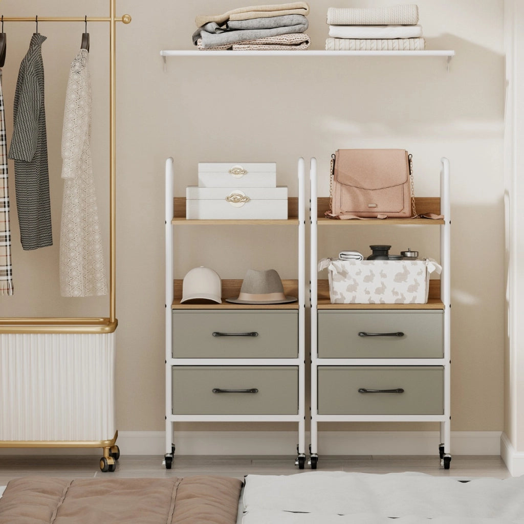 Carrello stoccaggio rotelle supporto 2 ripiani 2 cassetti tessuto, Carrello organizer trucco 4 ruote camera letto Legno naturale-Carrelli
