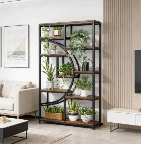 Libreria geometrica 95x30x175 cm metallo nero e legno marrone， 9 ripiani