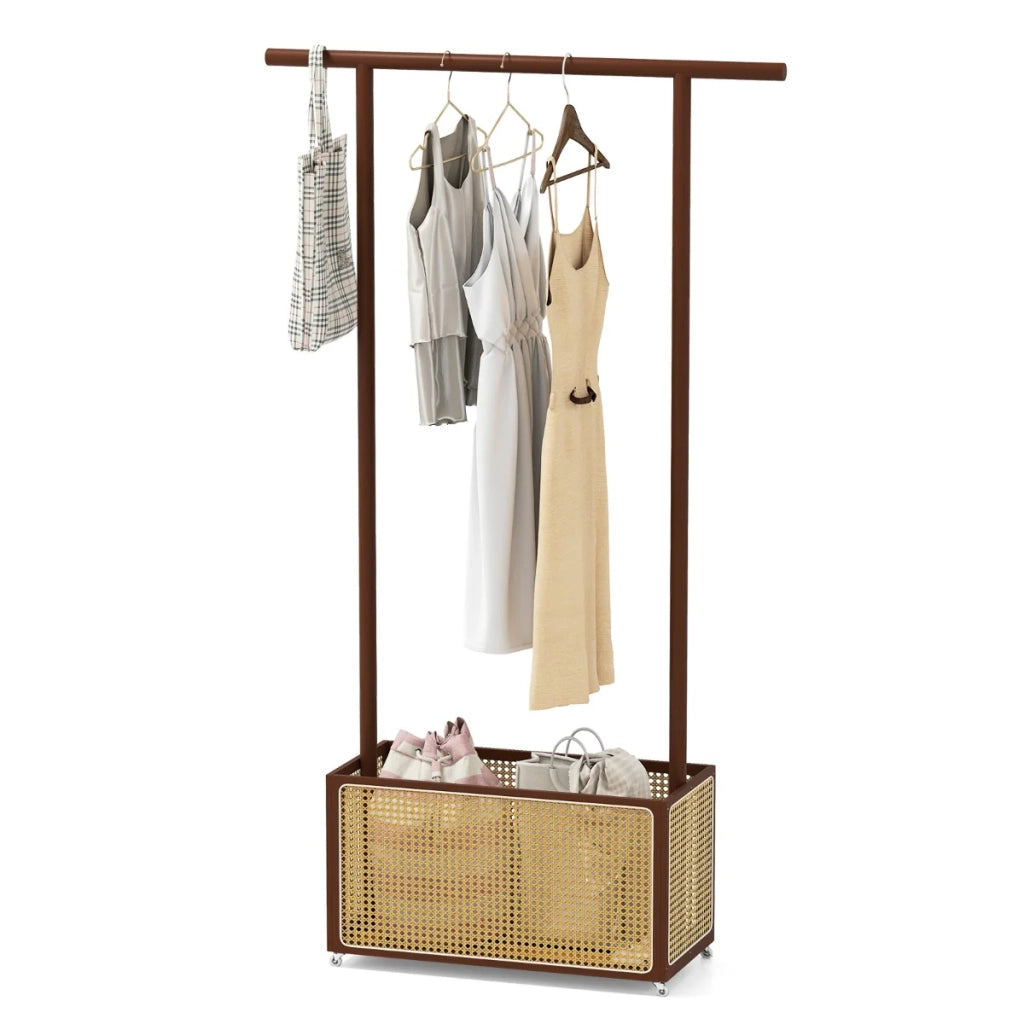 Appendiabiti in bambù e rattan 100 x 32,5 x 172 cm con 4 ruote stile rustico marrone naturale 20_0018277