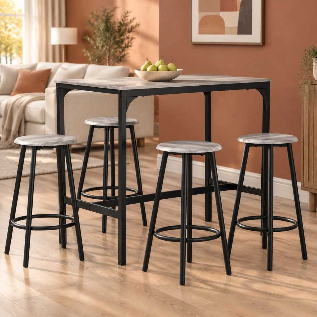 Set tavolo bar con 4 sgabelli in MDF e metallo grigio