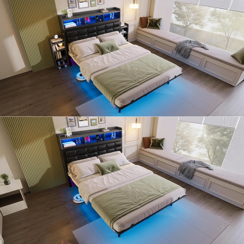 Letto matrimoniale LED 140x190 cm con testiera; USB/USB-C e 2 comodini estraibili grigio