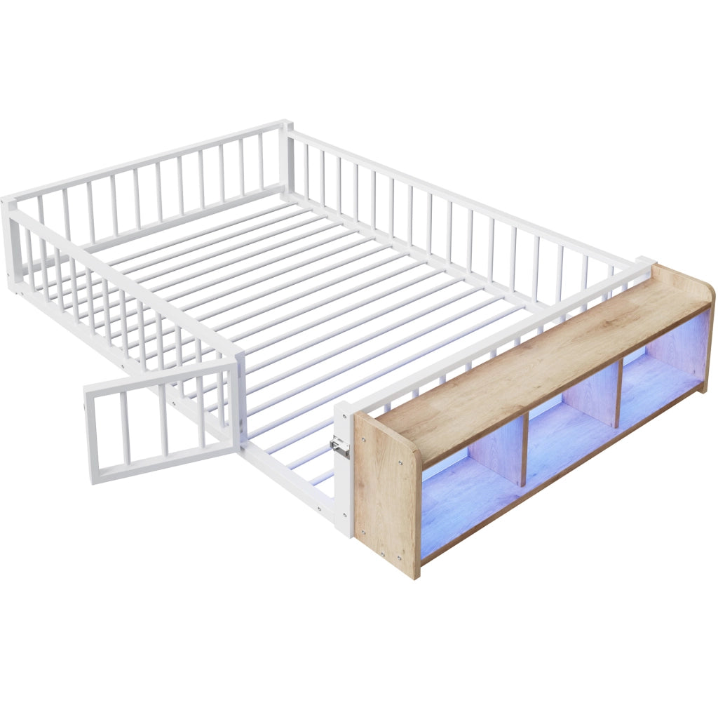 Letto per bambini ULEVR 140x200 cm con sponda di sicurezza, vano aperto e LED, metallo e MDF bianco