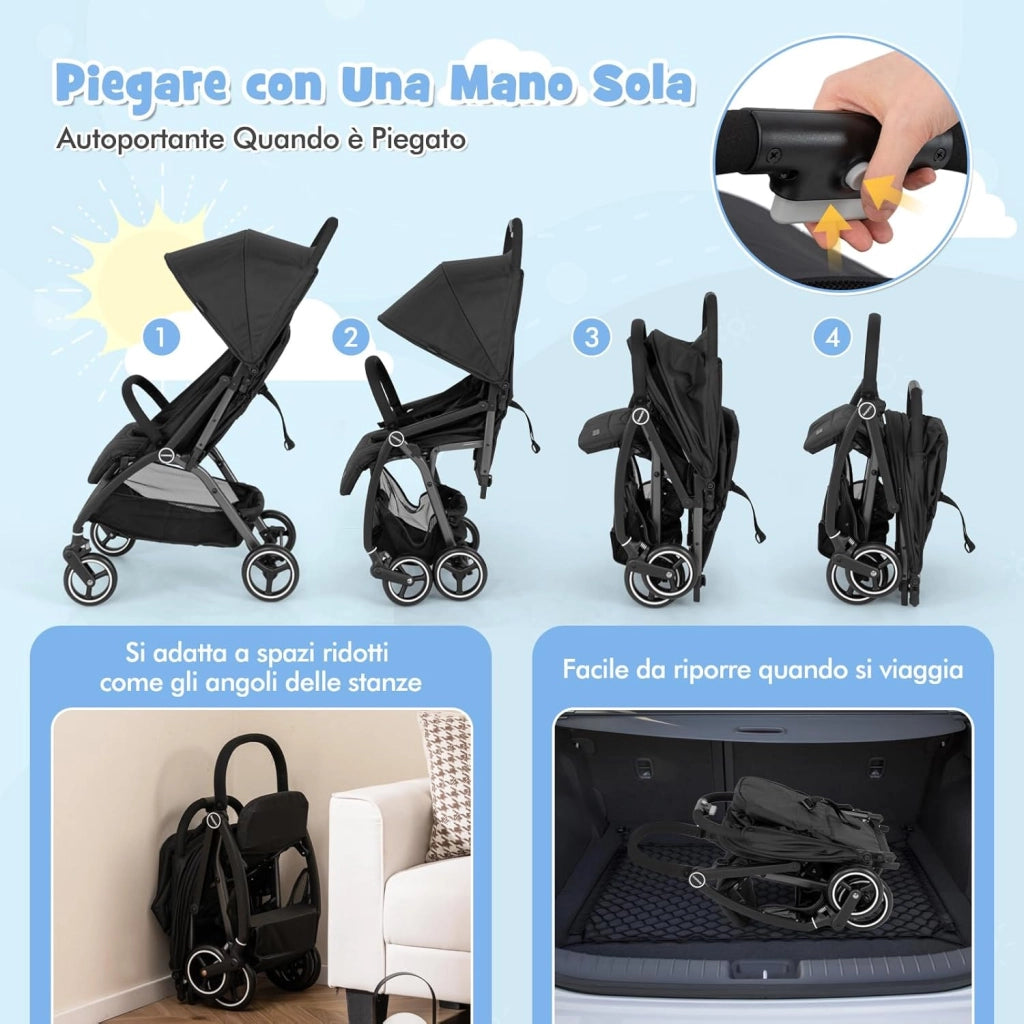 Passeggino Leggero per Bambini, Passeggino Pieghevole con Schienale Regolabile, Tettuccio, Cintura di Sicurezza a 5 Punti, Cestello Portaoggetti, per Bambini 0-36 Mesi (Nero)