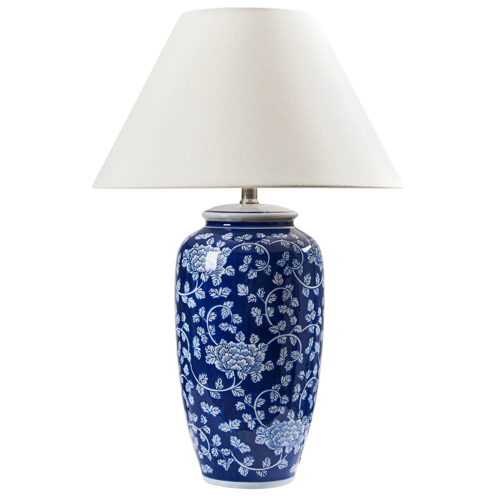 Lampada da tavolo con base in porcellana blu e bianca, paralume cilindrico in lino con design floreale, illuminazione per camera da letto e soggiorno