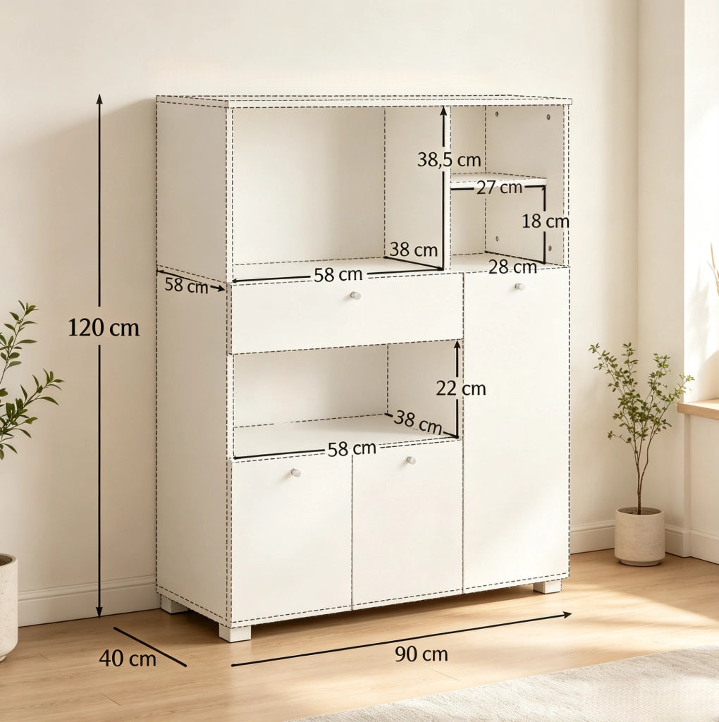 Mobile da cucina per microonde con 2 armadi; cassetto e 4 vani; 90x40x120 cm; bianco