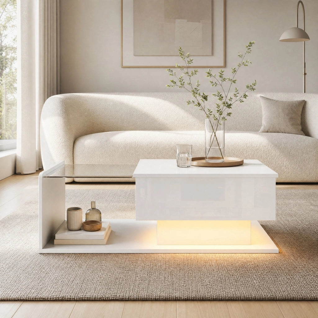 Tavolino basso sollevabile con piano in vetro temperato, LED e vano contenitore, bianco lucido 100 × 50 × 33/47,5 cm