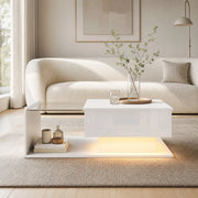 Tavolino basso sollevabile con piano in vetro temperato, LED e vano contenitore, bianco lucido 100 × 50 × 33/47,5 cm