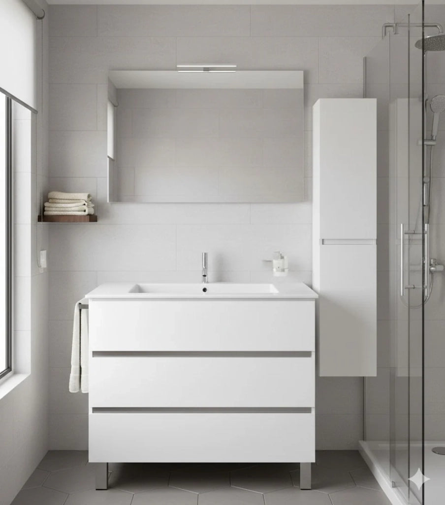 Mobile Bagno BALDER Già Montato 3 cassetti con piedini, lavabo e specchio Bianco lucido 70x45 cm con colonna