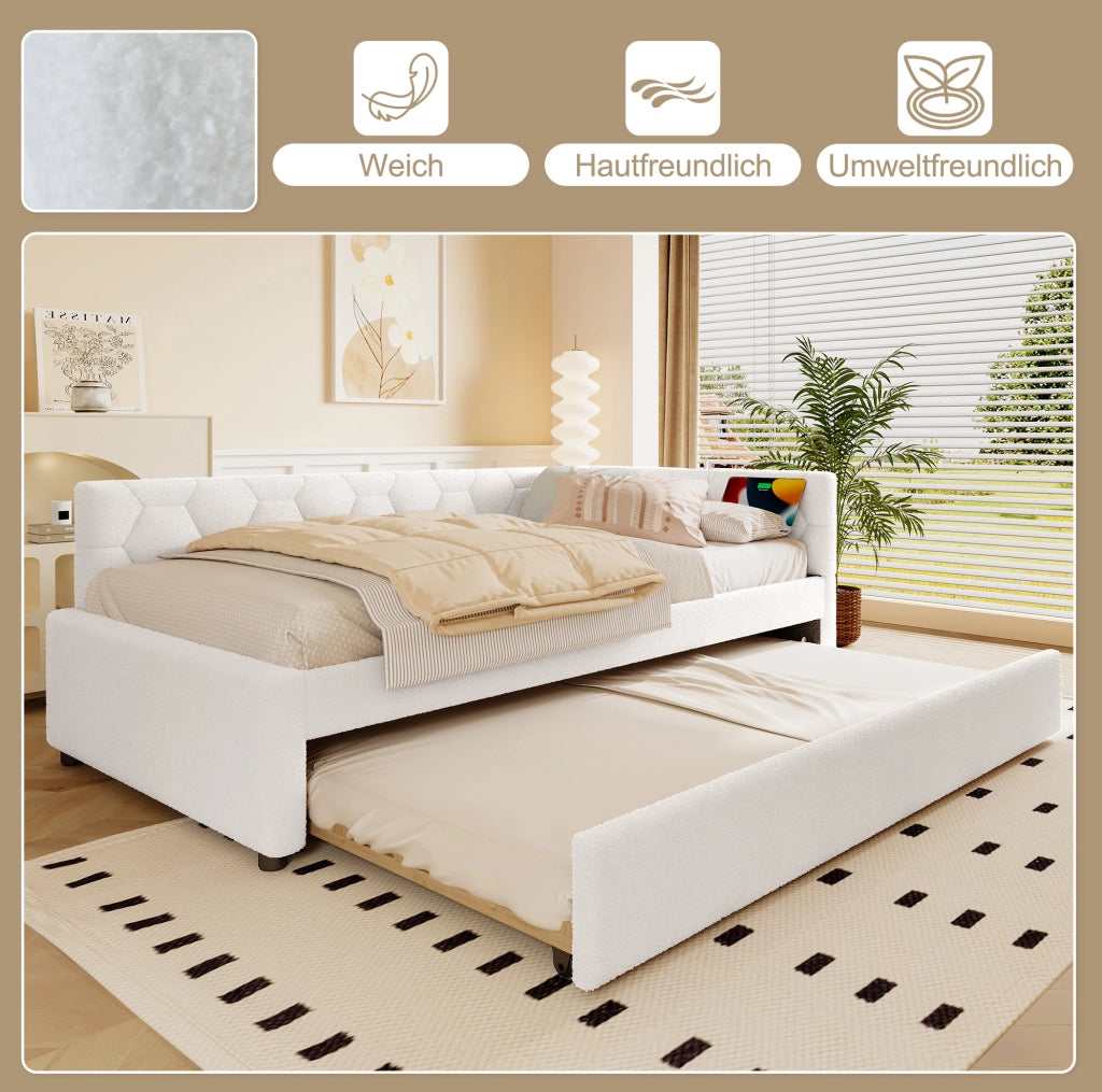 Letto singolo 90x200 cm con letto estraibile, USB e luce