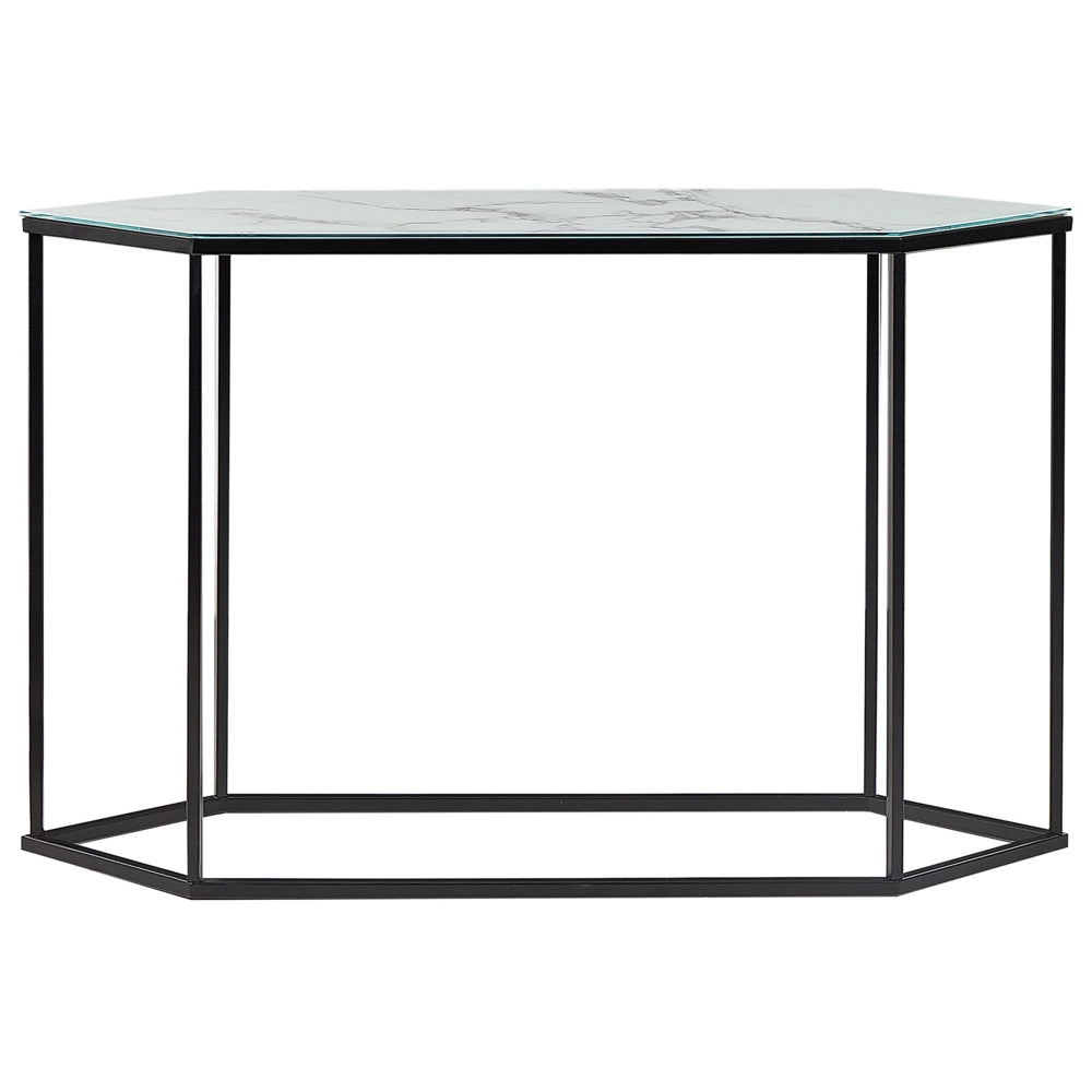 Consolle Vetro Temperato Bianco e Nero Acciaio 120 x 35 cm Effetto Marmo Gambe in Metallo Nero Glamour Soggiorno Corridoio Camera da Letto
