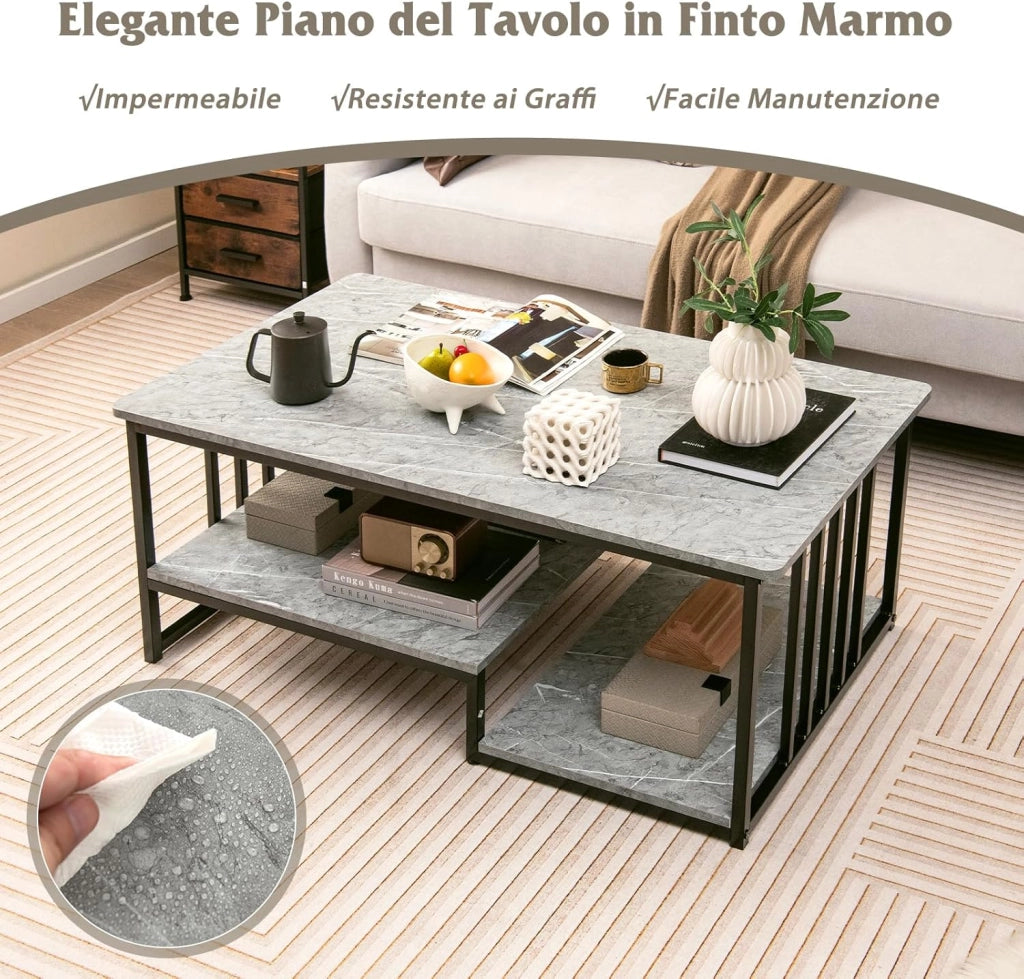 Tavolino da Salotto Effetto Marmo, Tavolino Rettangolare a 2 Piani con Mensola Aperta, Tavolino Lungo e Moderno con Struttura in Metallo per Casa e Ufficio, Grigio