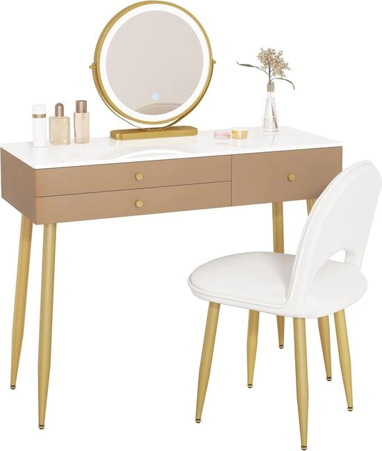 Tavolo da trucco con illuminazione e specchietto LED regolabile - Tavolo da trucco elegante con 3 prese e piede in pelle - Cachi + Oro