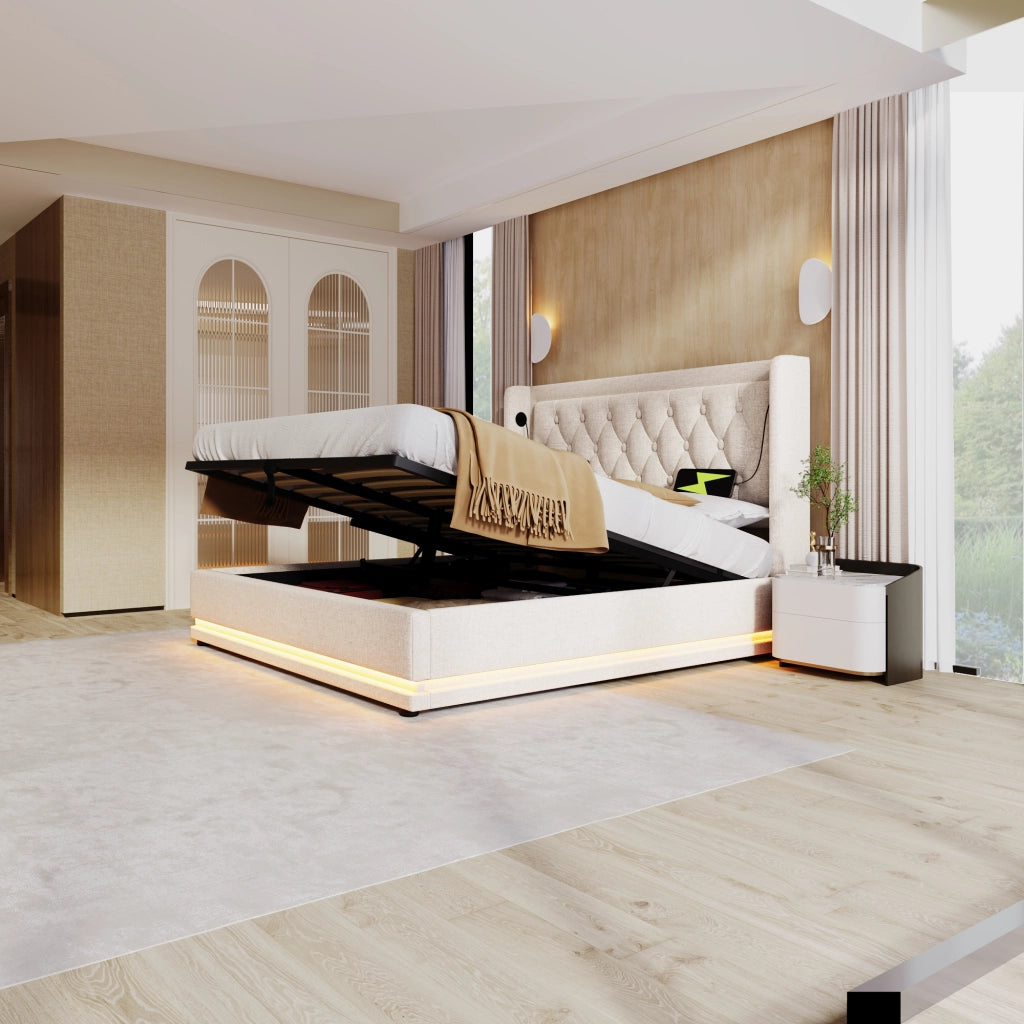 LETTO Contenitore 160x200 cm Beige in cotone con materasso incluso