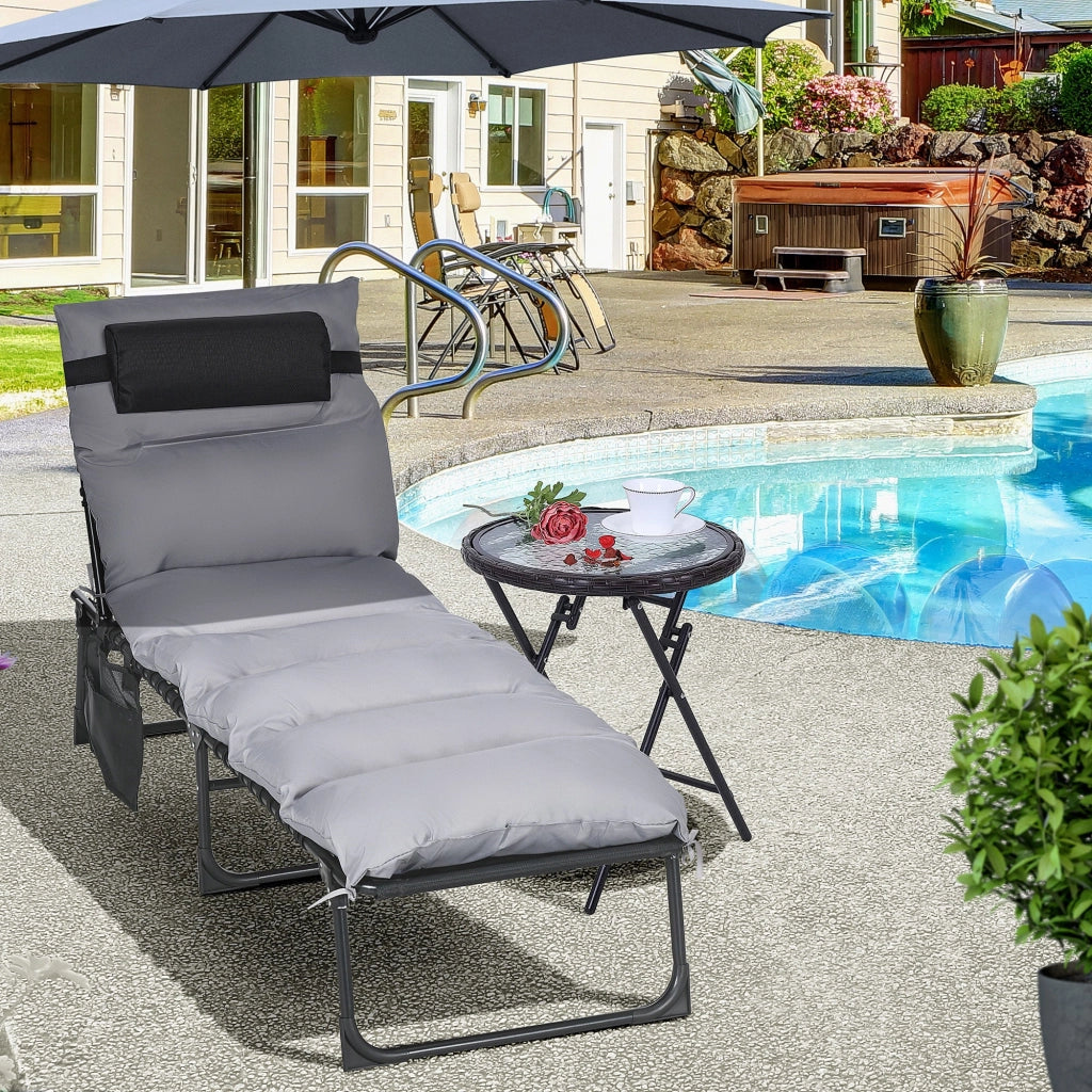 Lettino Prendisole da Giardino Pieghevole 58x189x32,5 cm con Cuscino e Tasca Laterale Grigio Chiaro