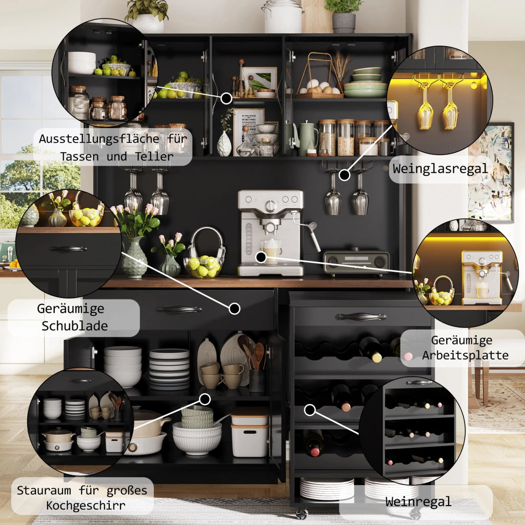 ARMADIO CUCINA 140x38x180 cm Nero in MDF con carrello estraibile e LED