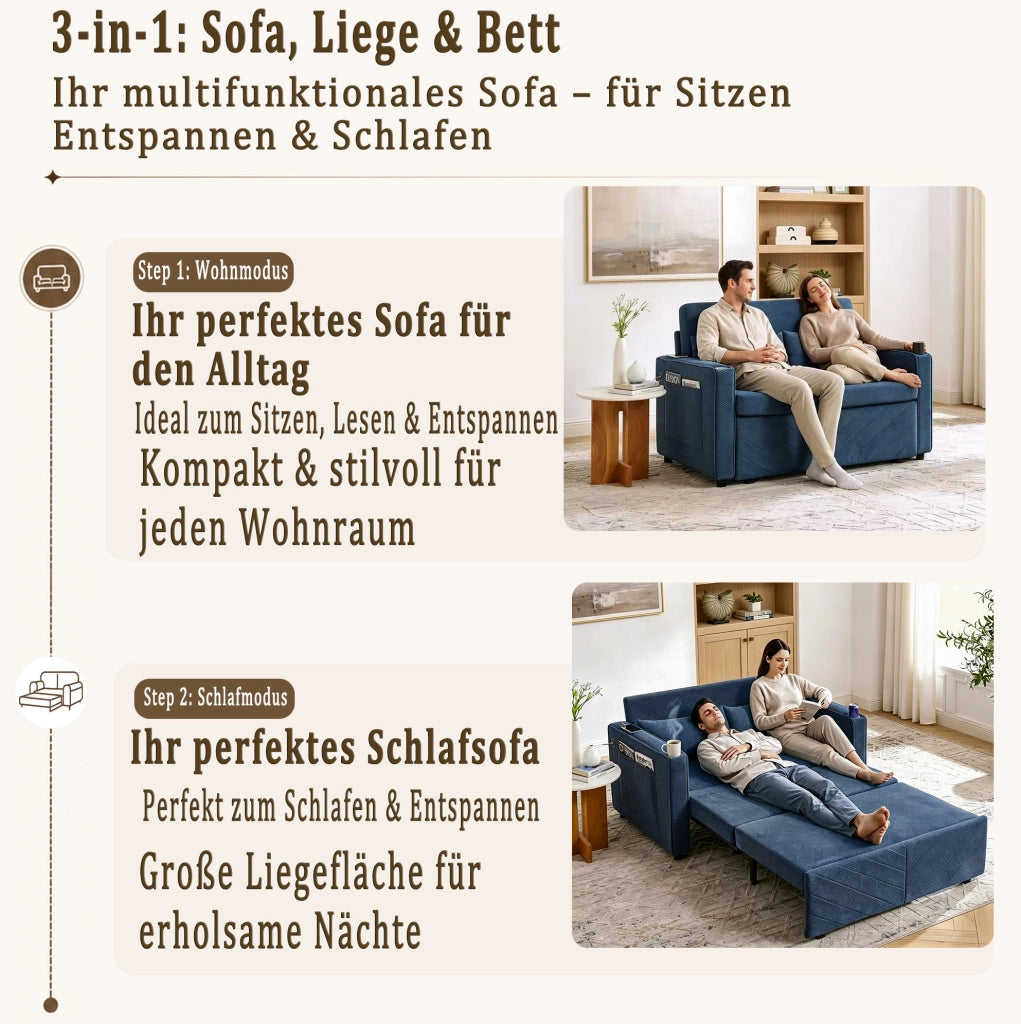 Divano letto 2 posti navy blue con sistema a scorrimento e ricarica USB