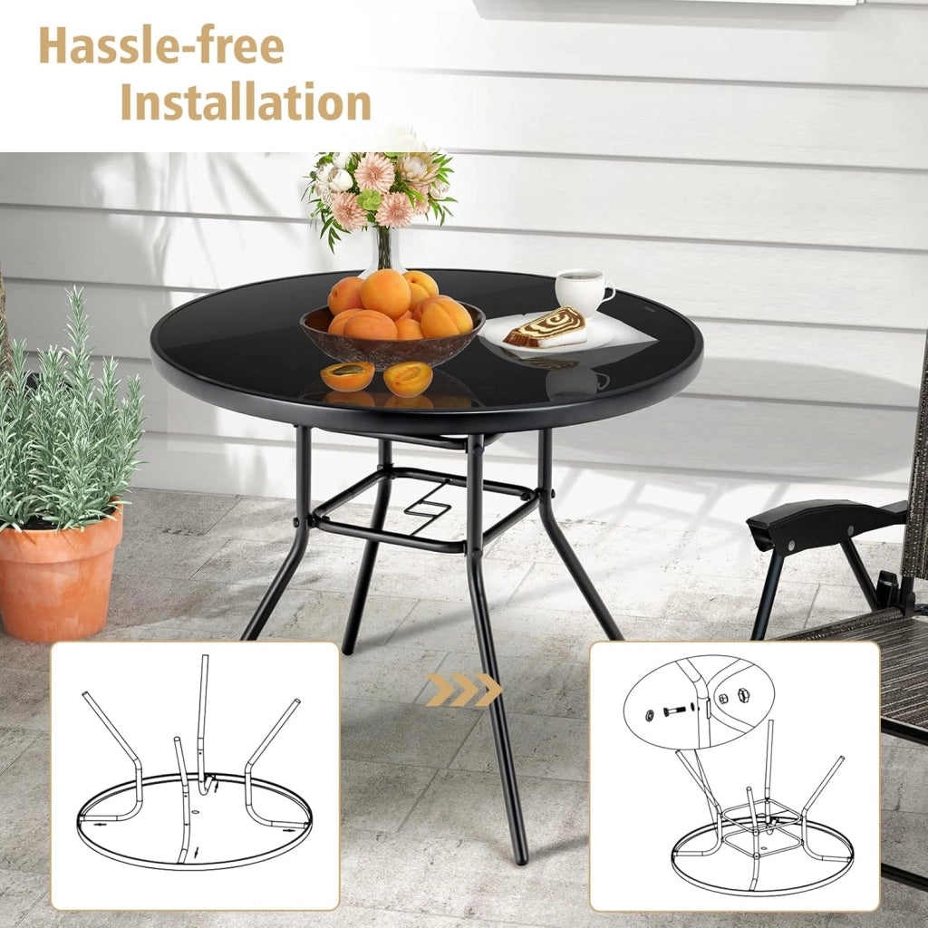 Tavolo da giardino con foro per ombrellone, tavolino rotondo in vetro temperato, tavolo da bistrot con robusto telaio in metallo, tavolo da pranzo per giardino, balcone, 86 x 86 x 71 cm