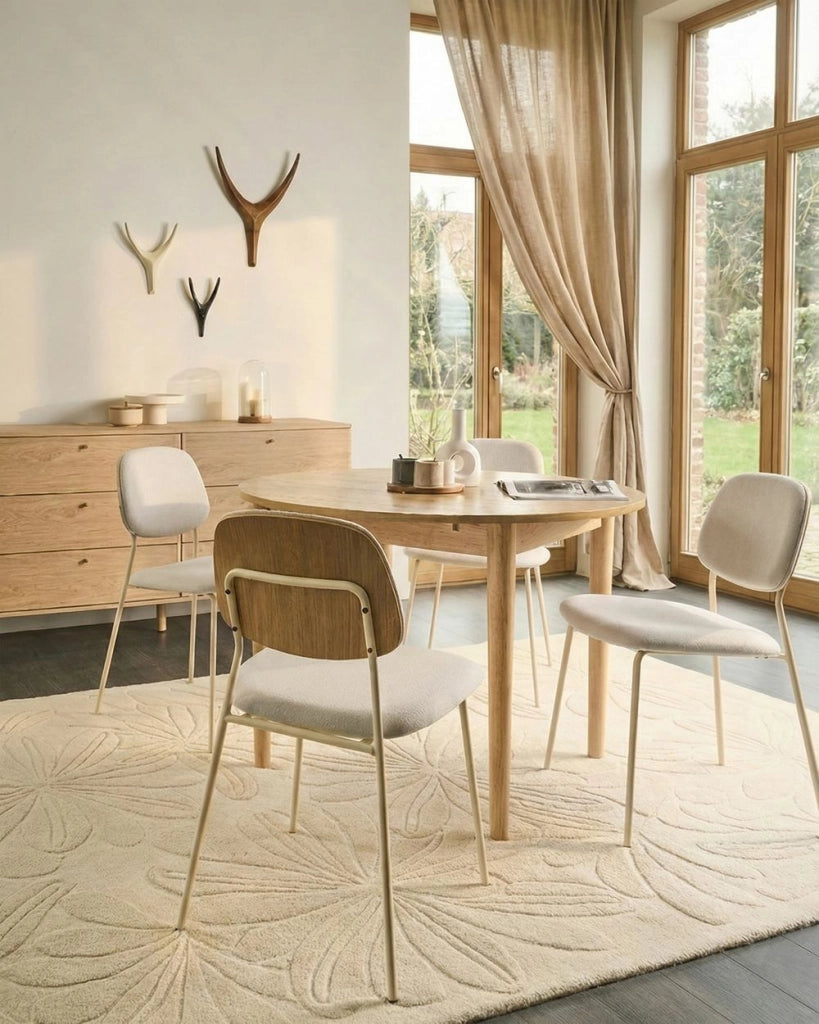 Set di 4 sedie da pranzo bianco sporco con gambe in ferro e rivestimento in poliestere nero senza braccioli design moderno e minimalista