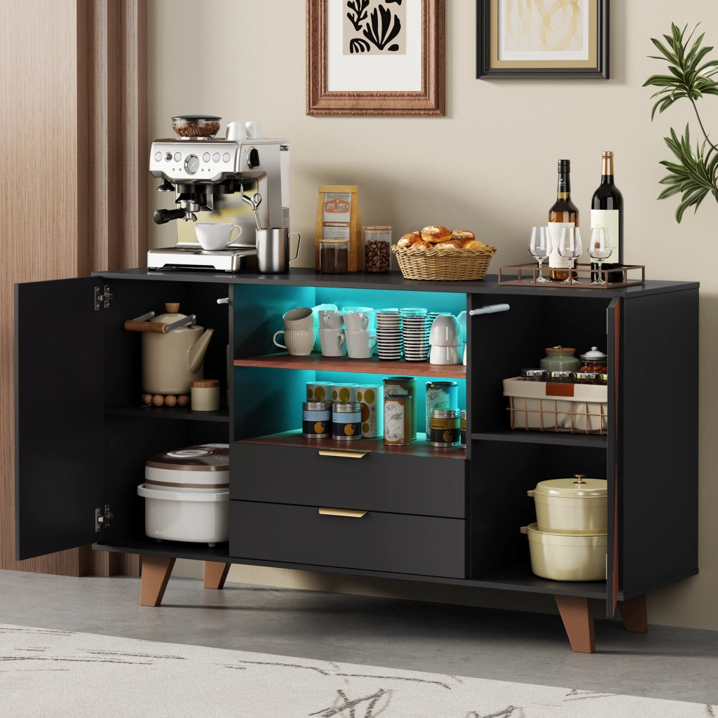 Credenza con 2 cassetti; ripiani regolabili e LED - per cucina - in MDF - 150×40×90 cm - naturale e nero