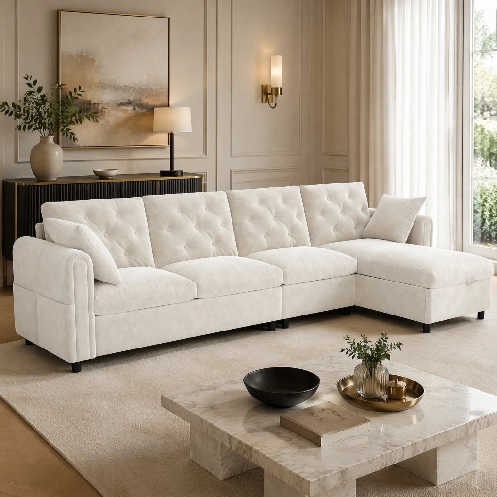 Divano angolare in velluto con funzione letto, contenitore laterale e chaise longue reversibile, beige, 281¡Á132¡Á86 cm