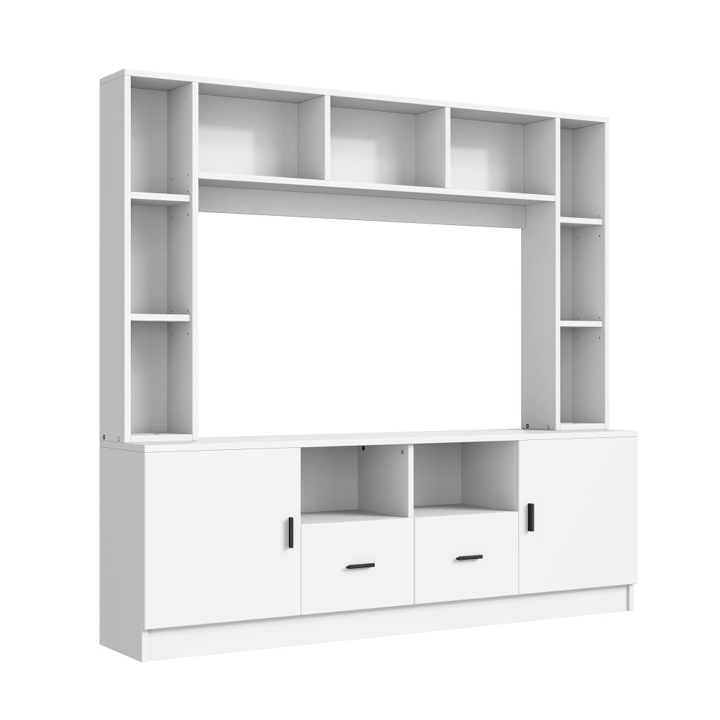 Mobile porta tv con 2 ante, 2 cassetti e 11 vani, per soggiorno, in pannello truciolare, bianco, 180 × 35 × 170 cm