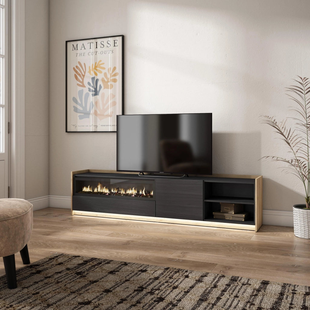Mobile TV Soggiorno, 207x50x37 cm, Per TV fino a 80", Camino elettrico, LED, Nero e rovere