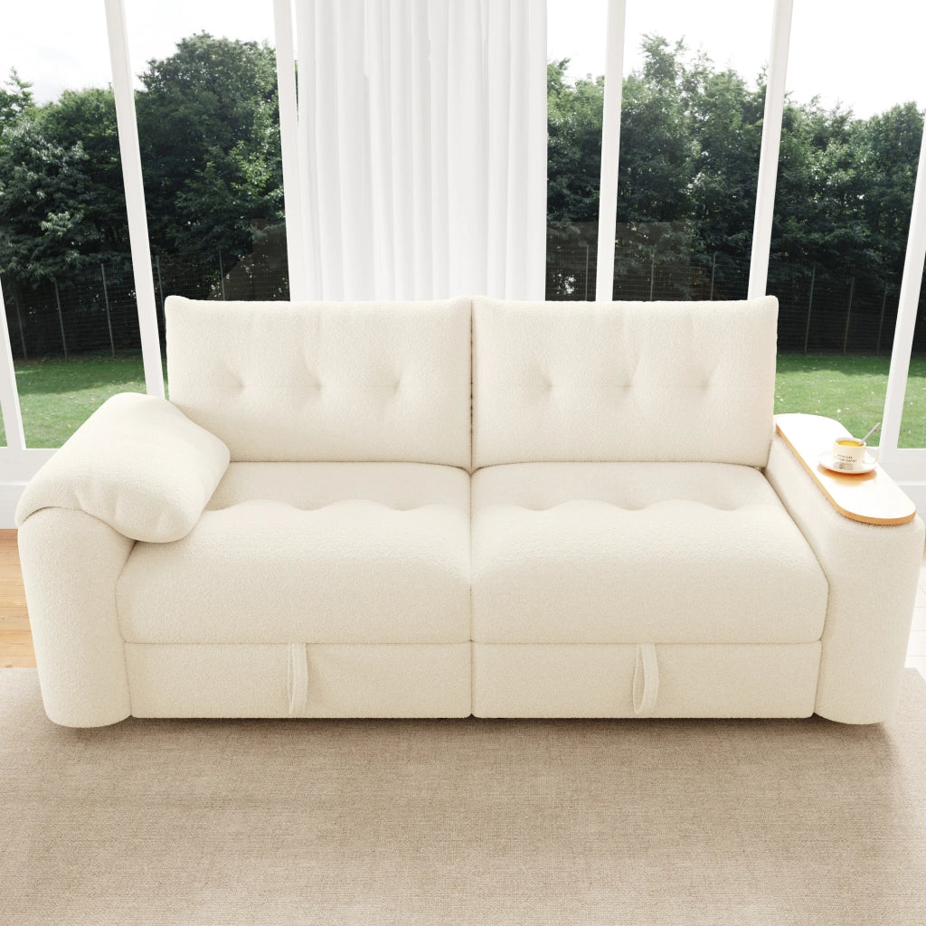 Divano modulare 2 posti in teddy beige con contenitore e tavolino