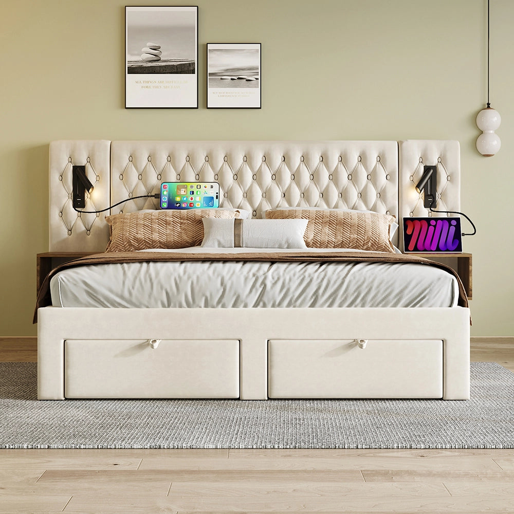 Letto con contenitore - Xylo - 160x200 cm - Beige - 2 comodini, 4 cassetti, USB
