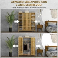 Armadio Aperto in Bambù con 2 Ante Scorrevoli, Ripiani Aperti e Barra Appendiabiti, 145x35x165cm