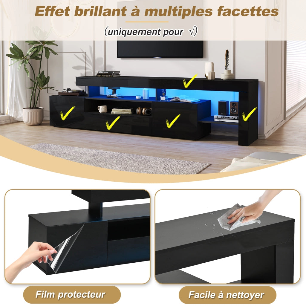 Mobile TV con 3 ante a ribalta; ripiani aperti e LED; per soggiorno; in truciolare nero; 192 × 37 × 53 cm