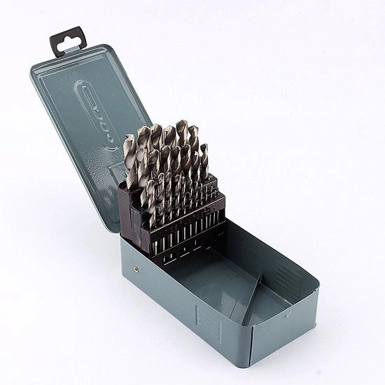 Set di puntoni a spirale HSS da 25 pezzi - Acciaio di alta qualità - Diametri da 1 mm a 13 mm - Cassetto in metallo robusto - Duraturo e versatile - Set di fori