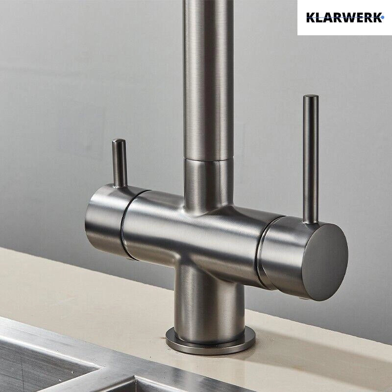 Lana | Rubinetto estraibile grigio nero a 3 vie | Miscelatore cucina per acqua potabile in acciaio inossidabile | Girevole a 360° Filtra 3 connessioni