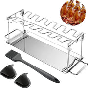 Supporto per gambe di pollo in acciaio inossidabile - 14 gambe di pollo - Spazzola BBQ - Manopole per pannelli - Ripiegabile - Accessori per griglia con parole chiave: pollo al forno perfetto.