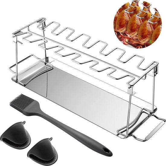 Supporto per gambe di pollo in acciaio inossidabile - 14 gambe di pollo - Spazzola BBQ - Manopole per pannelli - Ripiegabile - Accessori per griglia con parole chiave: pollo al forno perfetto.