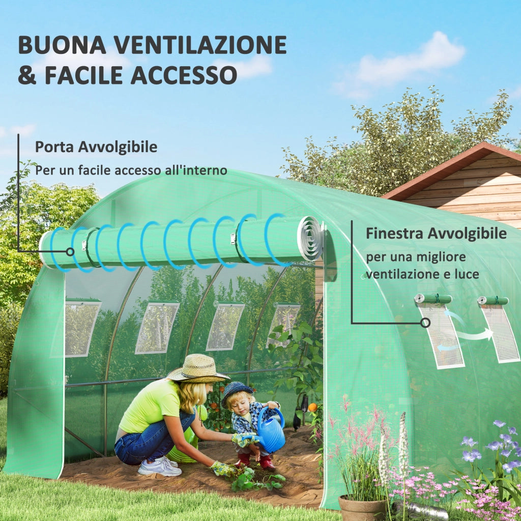 Telo Serra in PE con 8 Finestre. Porta Avvolgibile e Bordi Interrati. 4x3x2 m. Verde