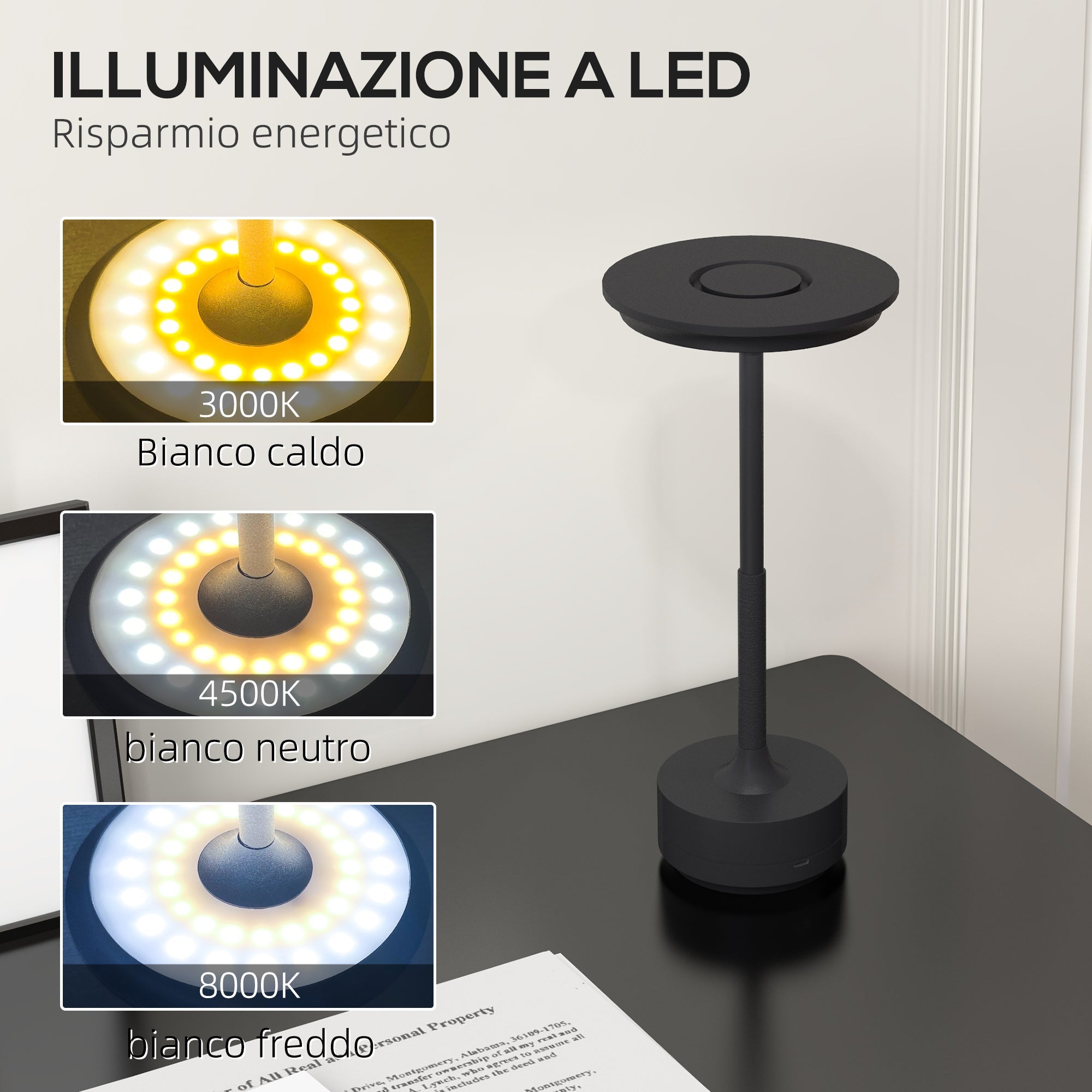 Lampada da Tavolo a LED Senza Filo Touch Ø13x28,5 cm Batteria Ricaricabile Nero