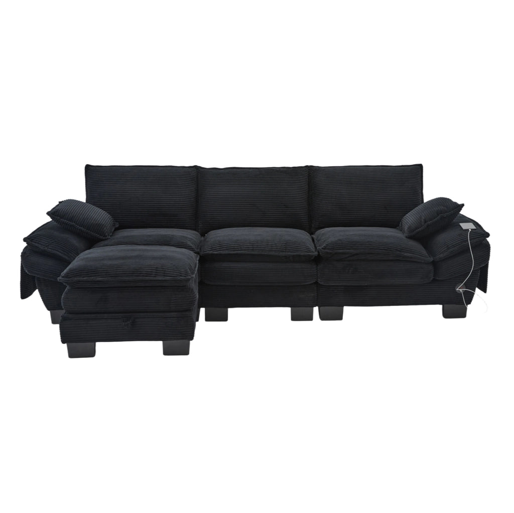 Divano modulare a 3 posti con pouf contenitore; in corduroy nero; 260 cm; con USB-C