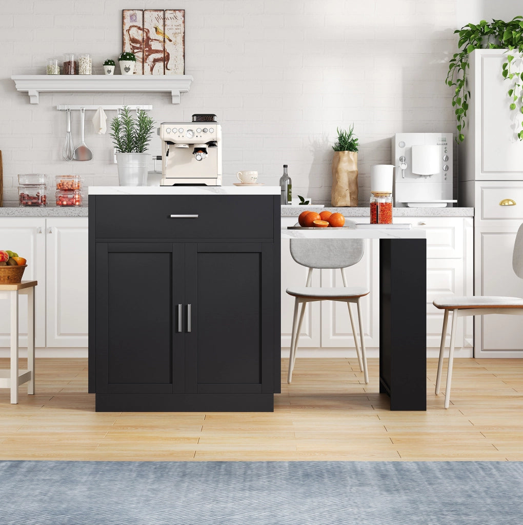 Isola cucina con tavolo estraibile per 2-6 persone, prese USB, 2 cassetti e ripiani, MDF nero