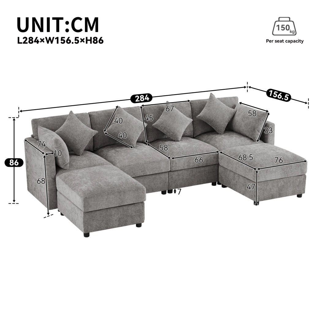 Sofa modulare ad angolo a forma di U/L in tessuto chenille grigio con 2 pouf e 6 cuscini