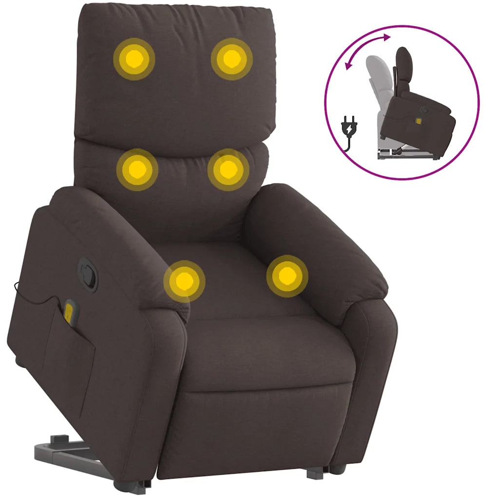 Poltrona | Sedia Relax Alzapersona Massaggi Reclinabile Marrone Scuro Tessuto