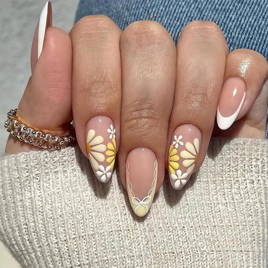 Press on unghie - 24 pezzi - French tip estivo - unghie applicabili - facile da applicare - design elegante - unghie in gomma