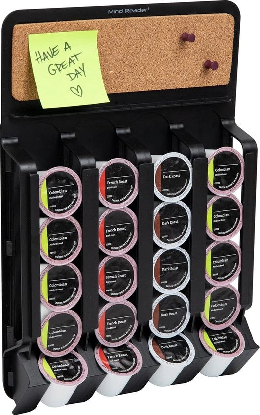 Organizzatore di archiviazione per Wall Single Serve con Memoboard, capacità 20 capsule, montaggio magnetico o adesivo, 27 cm L x 39 cm P x 6,5 cm H, plastica, nero